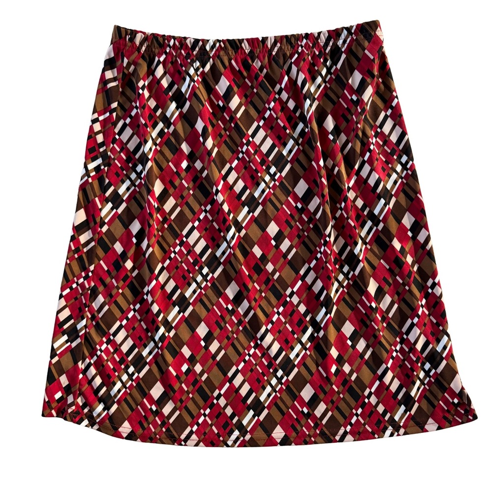 Vintage Y2K Red Brown Plaid A-Line Midi Skirt 90s sz Large academia retro preppy